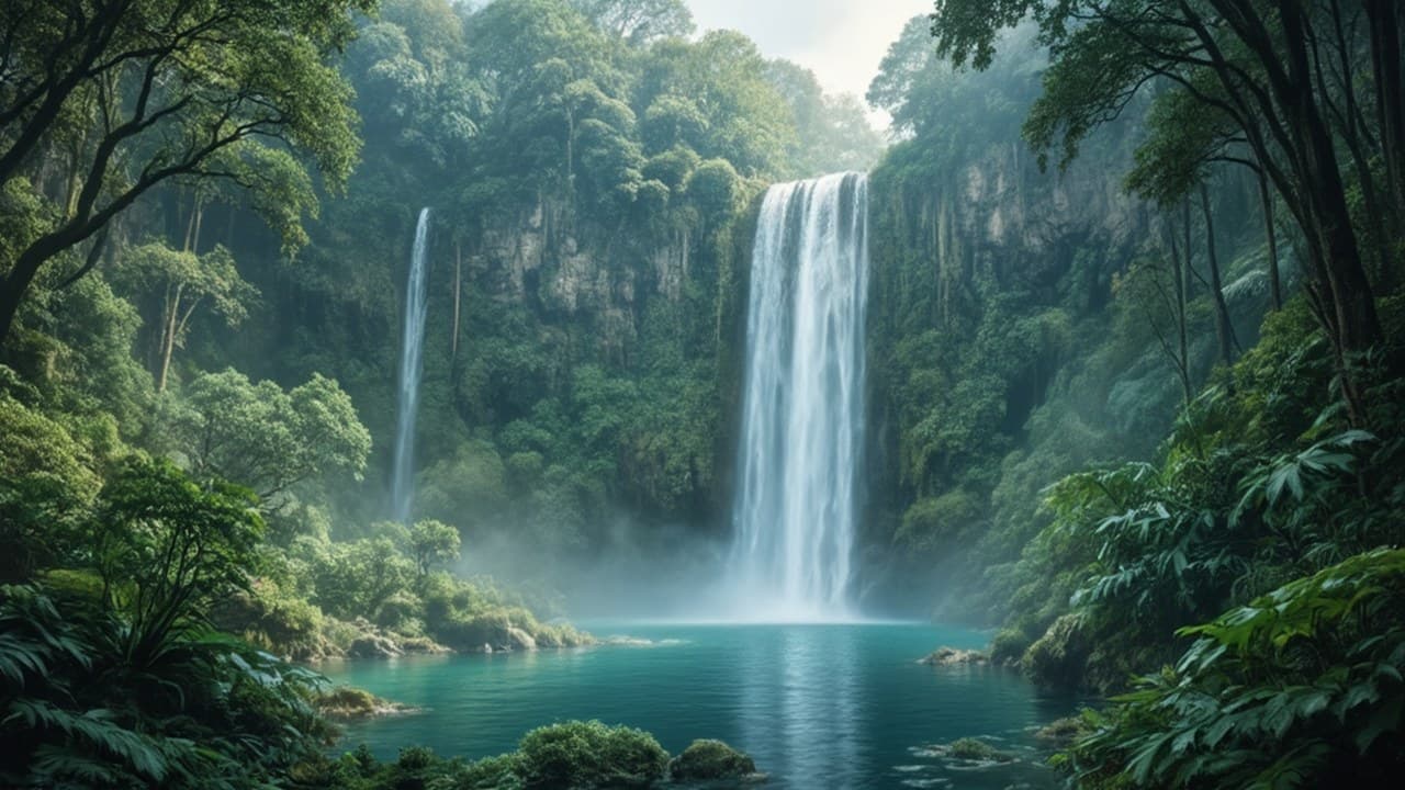 Tall Jungle Waterfall Cascading Into