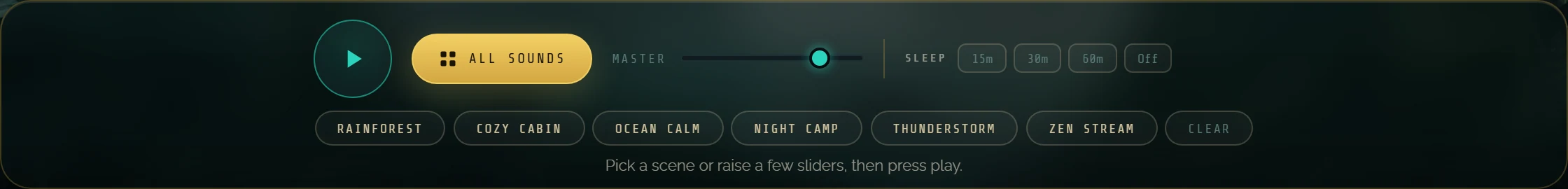 The bar: play button, ALL SOUNDS, MASTER slider, SLEEP 15m 30m 60m Off, and the scenes from RAINFOREST to ZEN STREAM with CLEAR