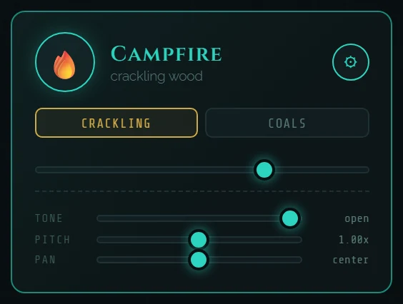 The Campfire card with TONE, PITCH and PAN sliders open