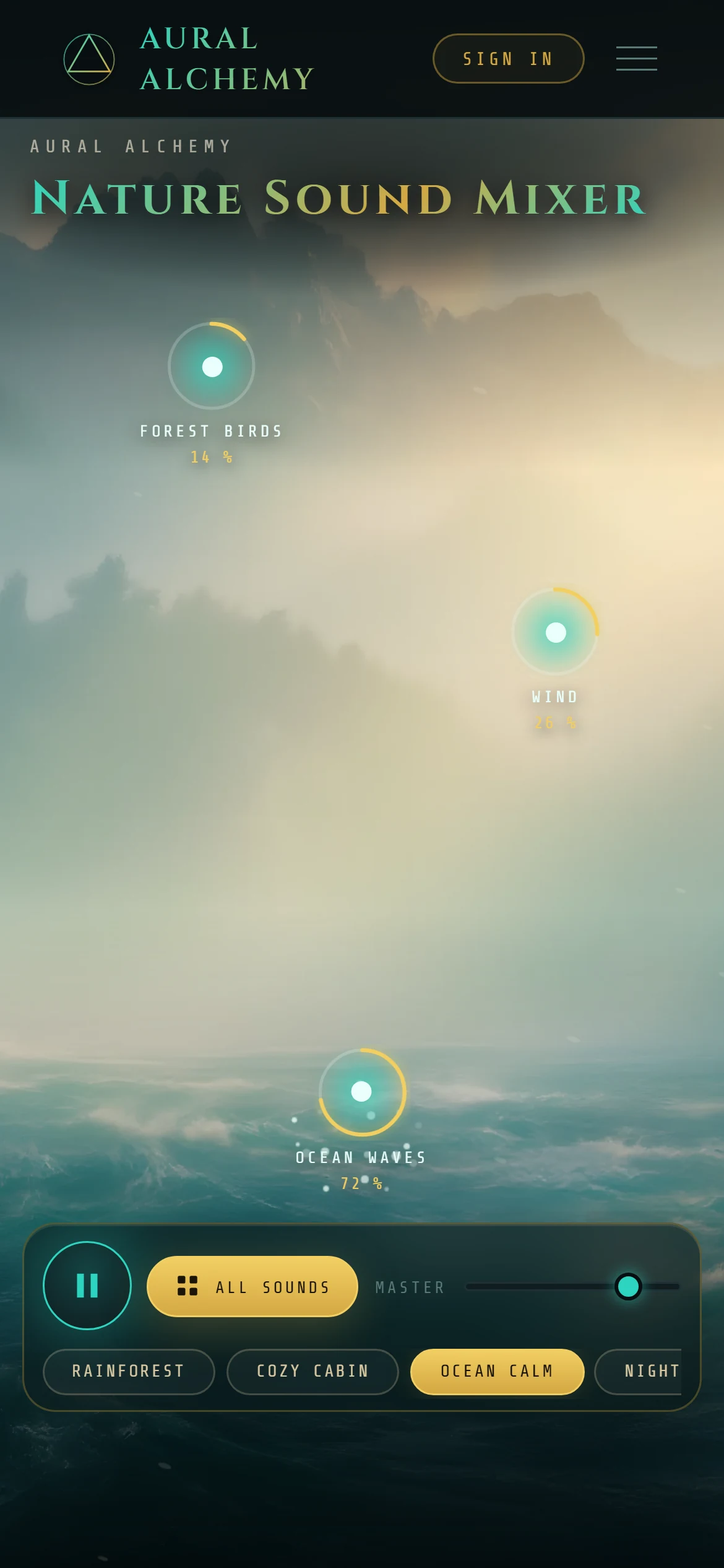 The Nature Sound Mixer on a phone with the Ocean Calm scene and its sound points, and the bar at the bottom