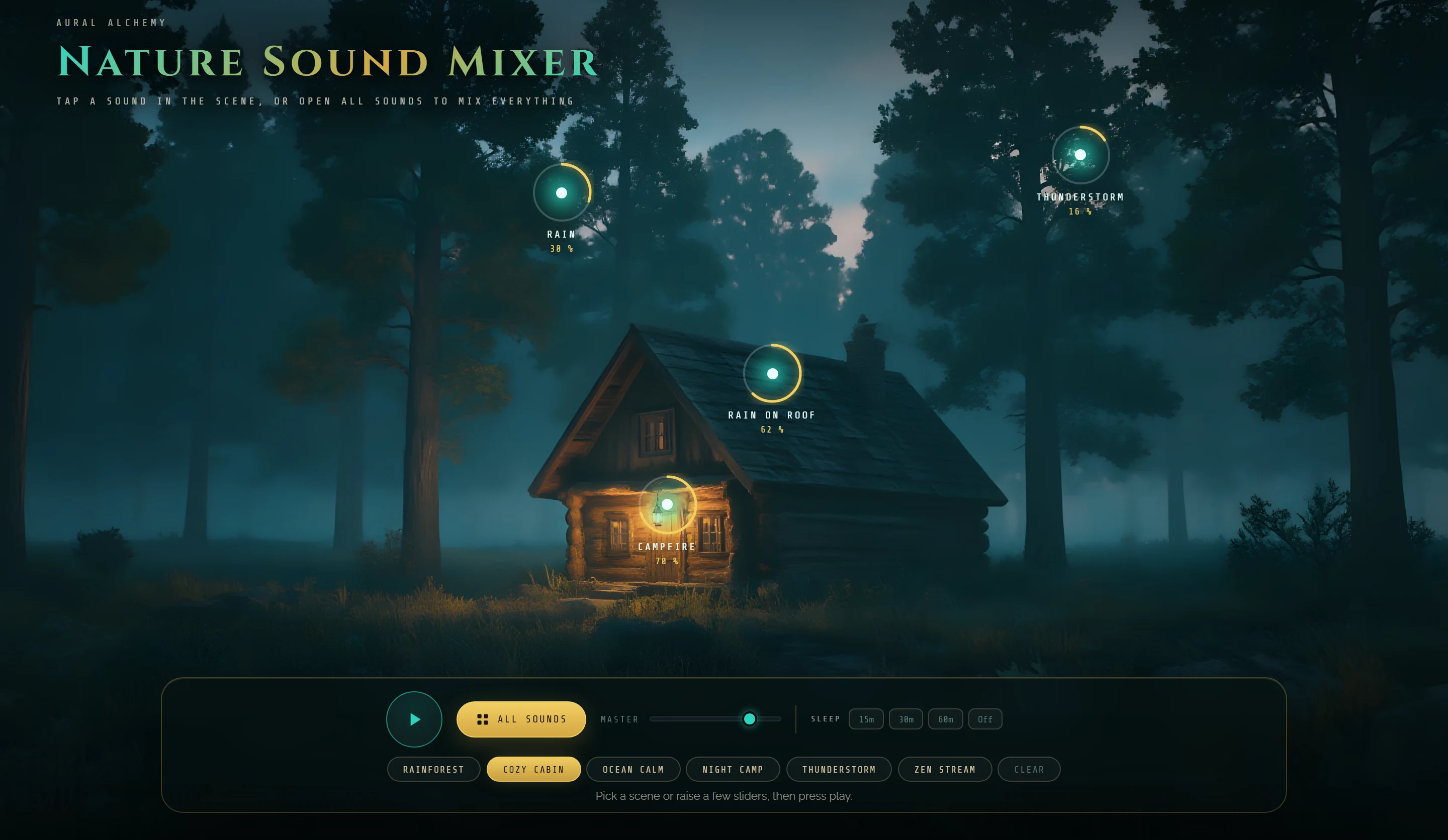 The Nature Sound Mixer with the Cozy Cabin scene: a cabin in a misty forest with rain, rain on roof, campfire and thunderstorm placed in the landscape