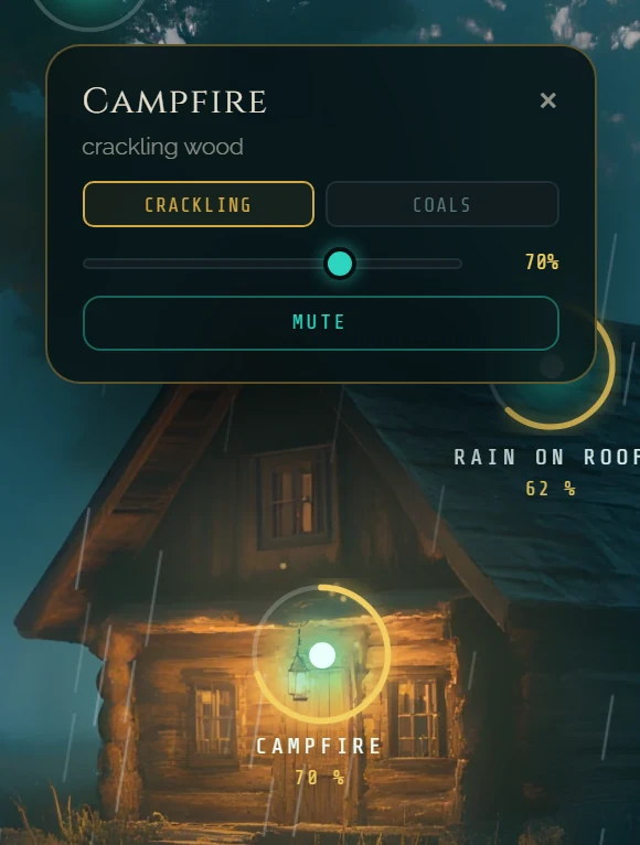 The Campfire panel open over the cabin: CRACKLING or COALS, a level slider at 70%, and MUTE